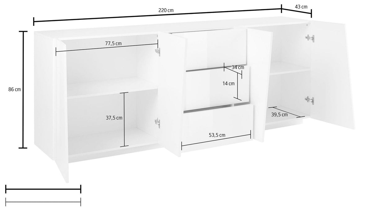 Schema quotato della credenza GALAXIA ardesia: 220 cm di larghezza, 43 di profondità, 86 di altezza #colore_Ardesia