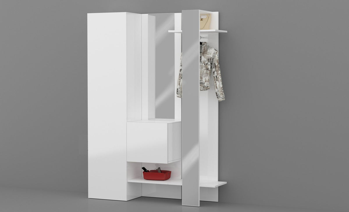 Scarpiera PHOENIX bianco lucido su sfondo grigio con specchio centrale e cassettiera inferiore