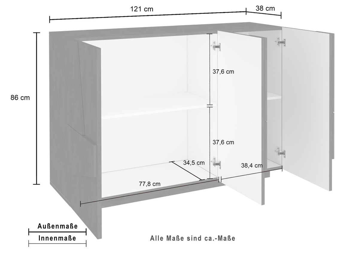 Mobile multiuso PULSE cemento con ante aperte e quote dimensionali: 121 cm, 86 cm, 38 cm #colore_Cemento