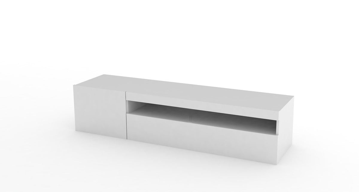 Porta TV FUSION bianco lucido in vista di tre quarti, anta chiusa e vano a fessura #colore_Bianco Lucido