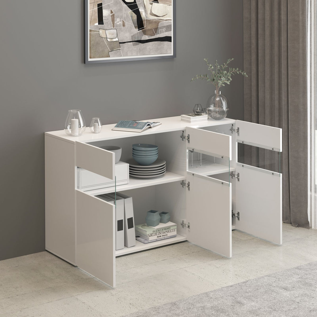 Credenza BORGO bianco opaco con due ante e cassetto centrale aperti