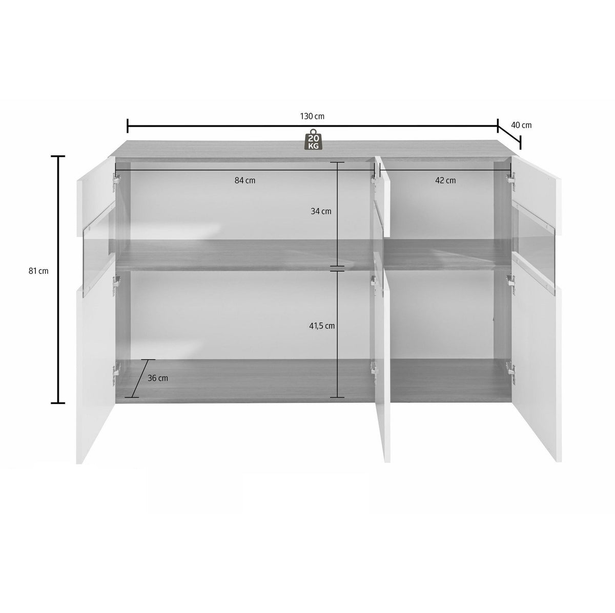 Credenza BORGO bianco opaco con ante aperte e misure 130 x 40 x 81 cm