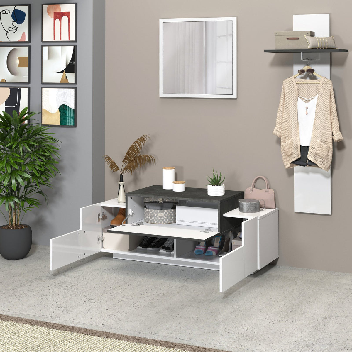 Mobile basso ingresso bianco opaco con ante e cassetti aperti, top ardesia, in ambiente domestico