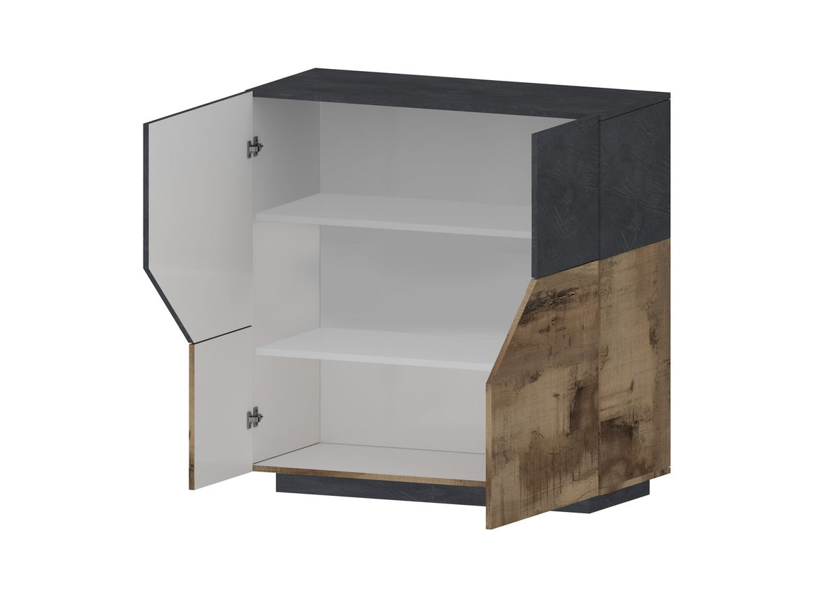 Credenza NEBULA antracite opaco con ante aperte e interno bianco suddiviso in tre vani