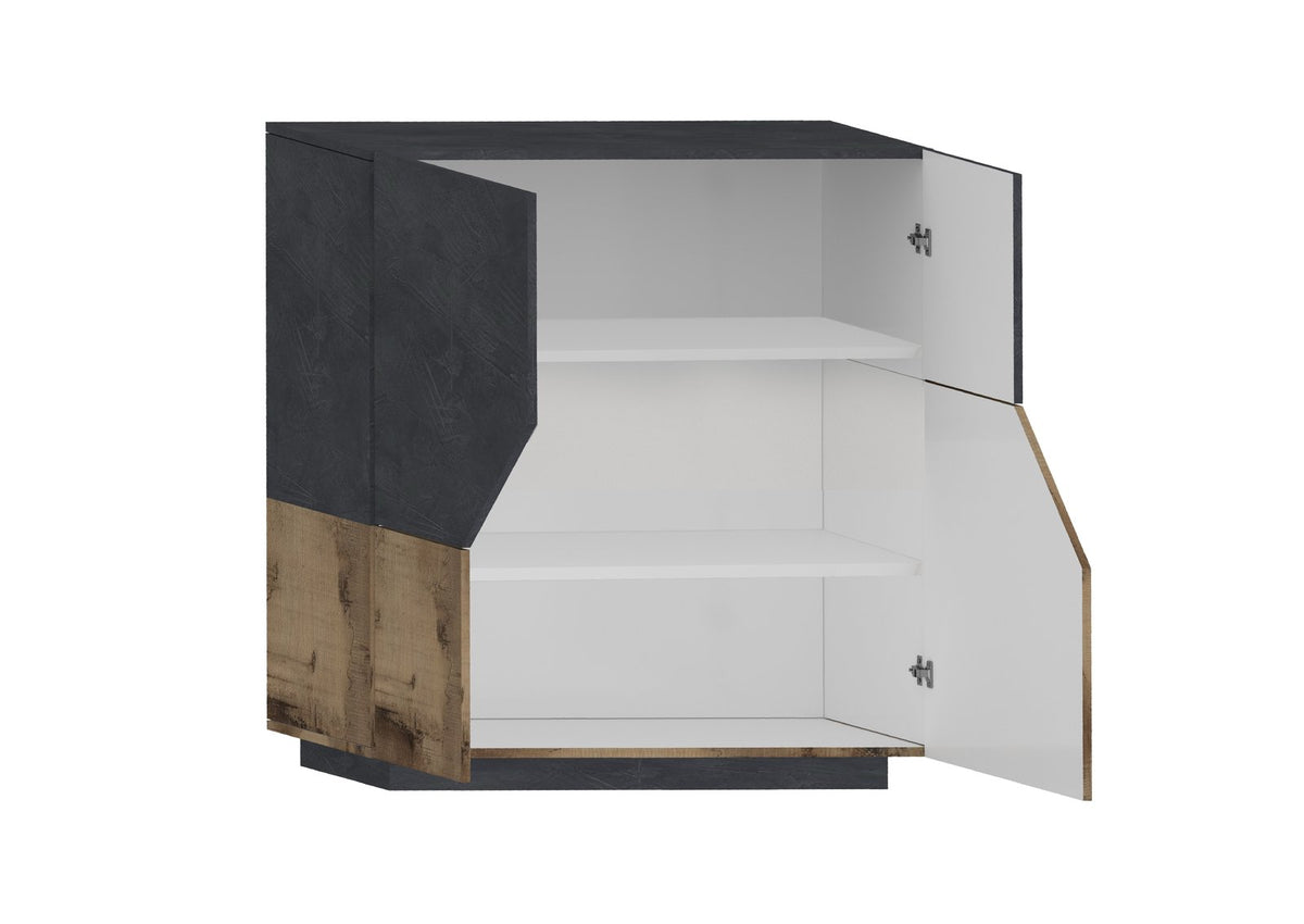 Credenza NEBULA antracite opaco con ante aperte, anta sinistra bicolore e cerniere metalliche