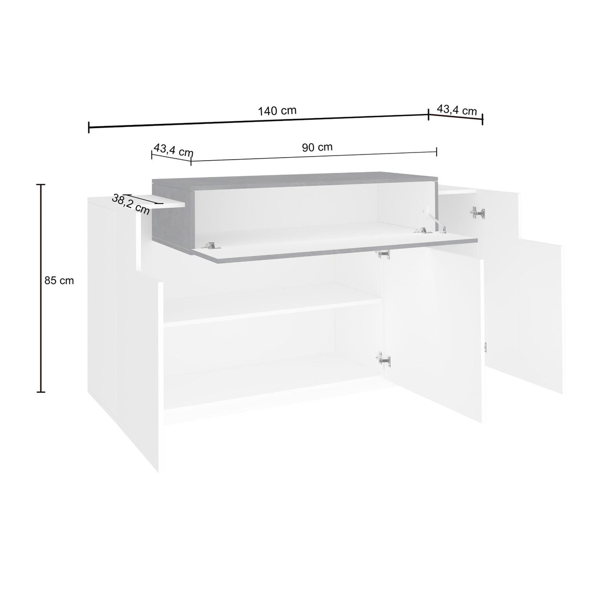 Credenza bianco opaco con ante aperte e misure quotate: 140 cm di larghezza, 85 di altezza