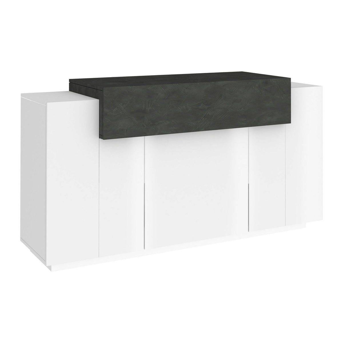 Credenza bianco opaco con top effetto marmo nero, vista di tre quarti