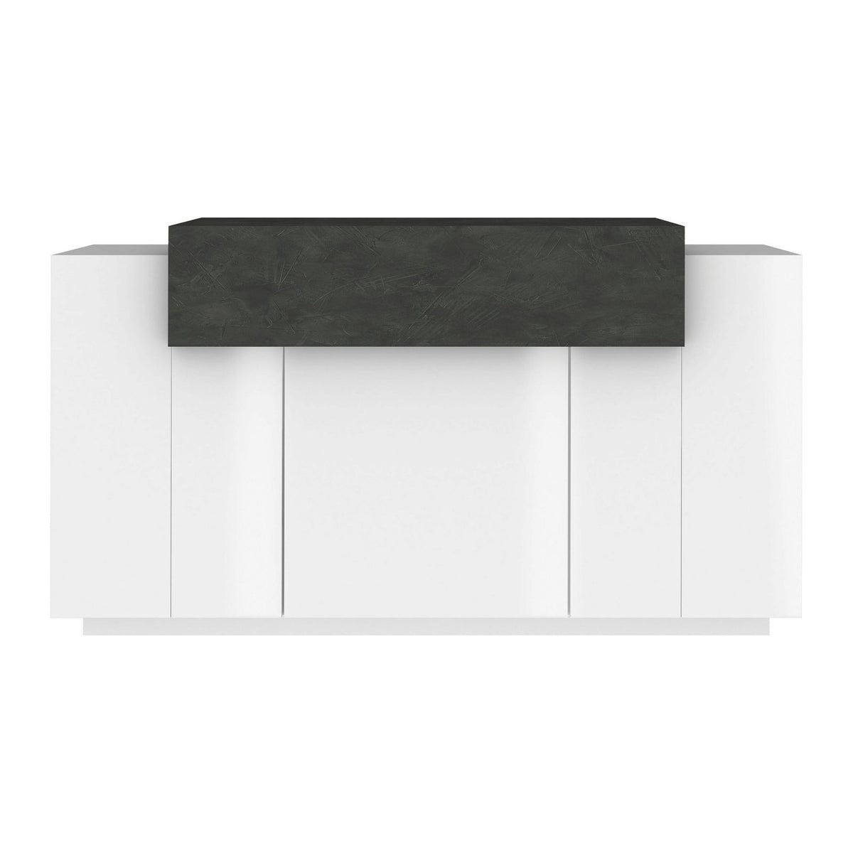 Credenza bianco opaco con tre ante centrali e piano scuro marmorizzato, vista frontale