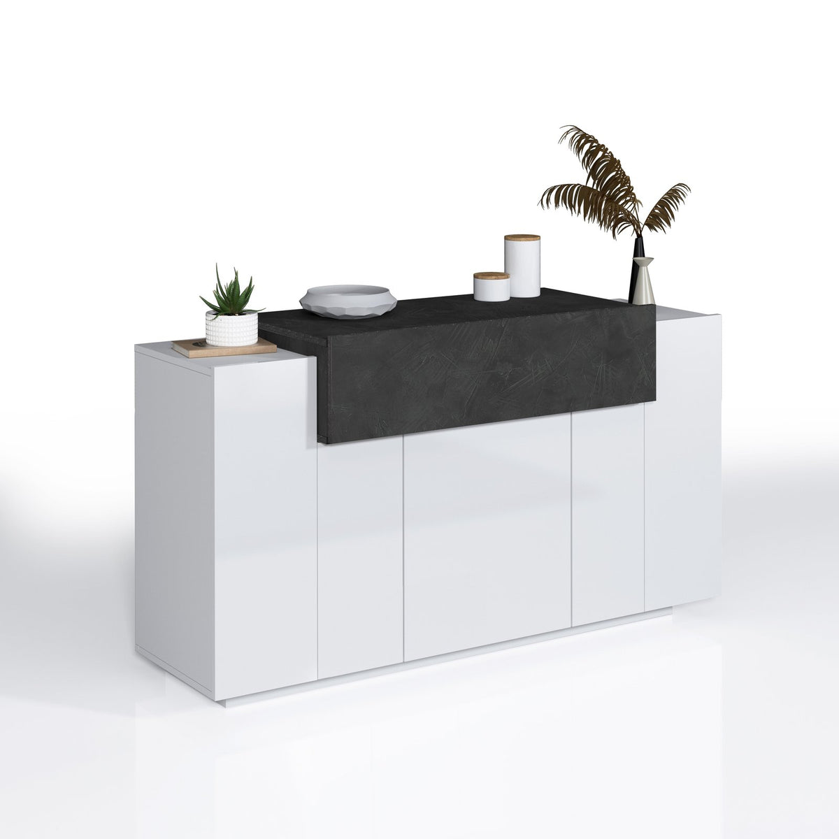 Credenza bianco opaco a quattro ante con fascia nera effetto ardesia, tre quarti