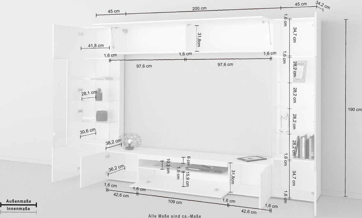 Disegno tecnico della parete attrezzata QUANTUM cashmere con quote e misure in centimetri #colore_Cashmere