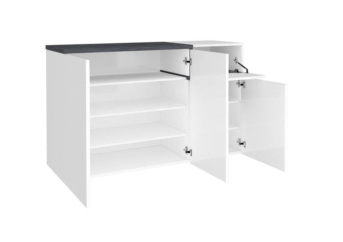 Scarpiera CASSIOPEA bianco opaco con ante e ribalta aperte, cerniere metalliche visibili