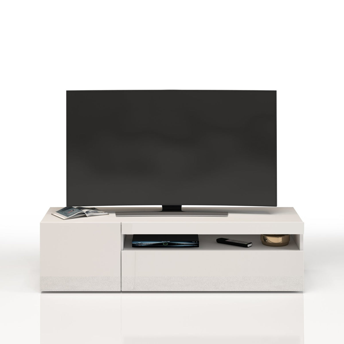 Porta TV BIANCO OPACO su fondo bianco, due moduli con cassetti e vano aperto, vista frontale