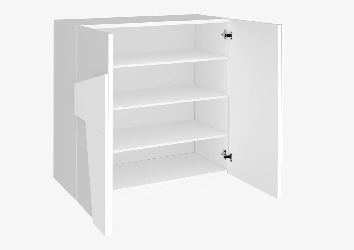 Scarpiera PULSE bianco lucido con ante aperte e quattro ripiani interni, vista frontale #colore_Bianco Lucido