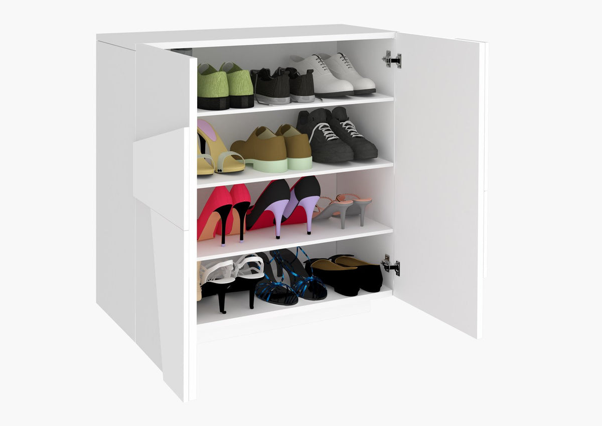 Scarpiera PULSE bianco lucido con ante aperte e scarpe disposte sui ripiani, fondo bianco #colore_Bianco Lucido