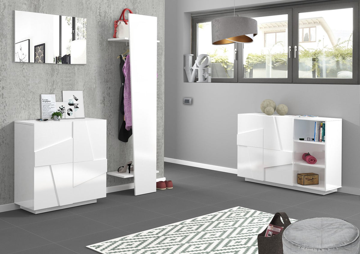 Scarpiera PULSE bianco lucido frontale in un ingresso arredato con appendiabiti e tappeto #colore_Bianco Lucido