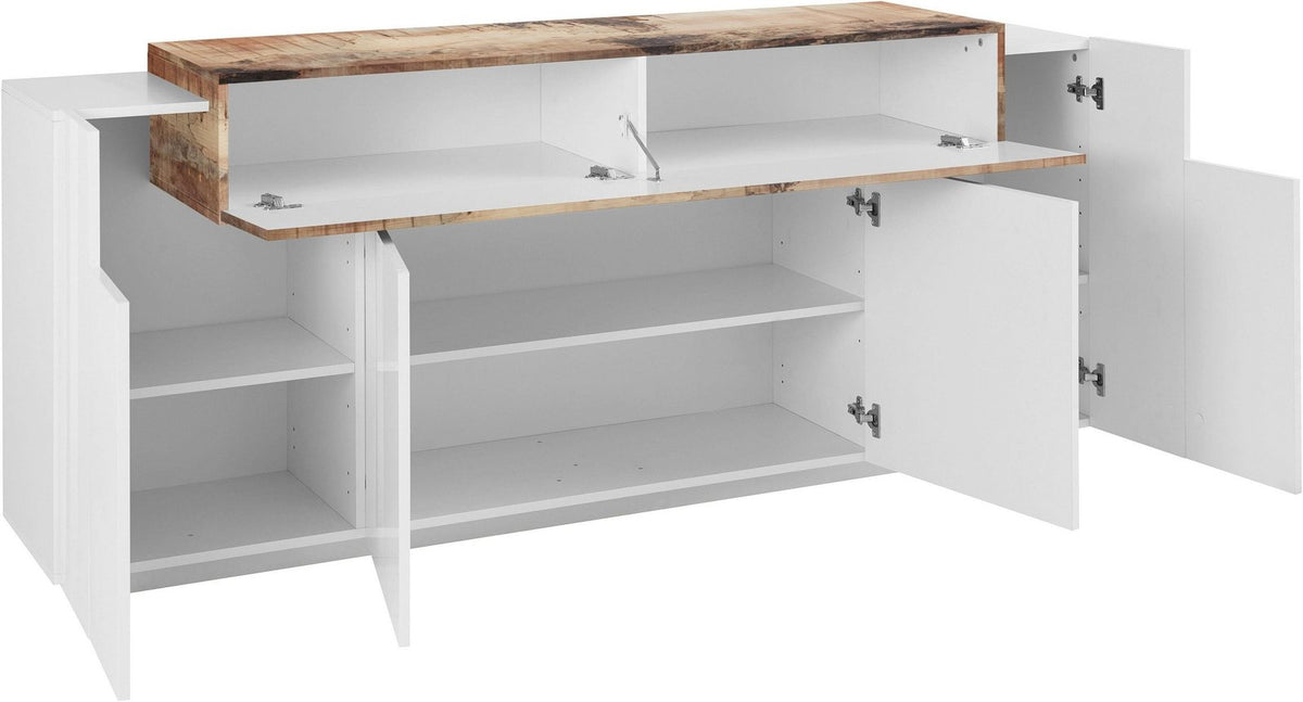 Credenza CELESTIA bianco lucido con ante e ribalta aperte, interno bianco e fronte effetto legno #colore_Bianco Lucido