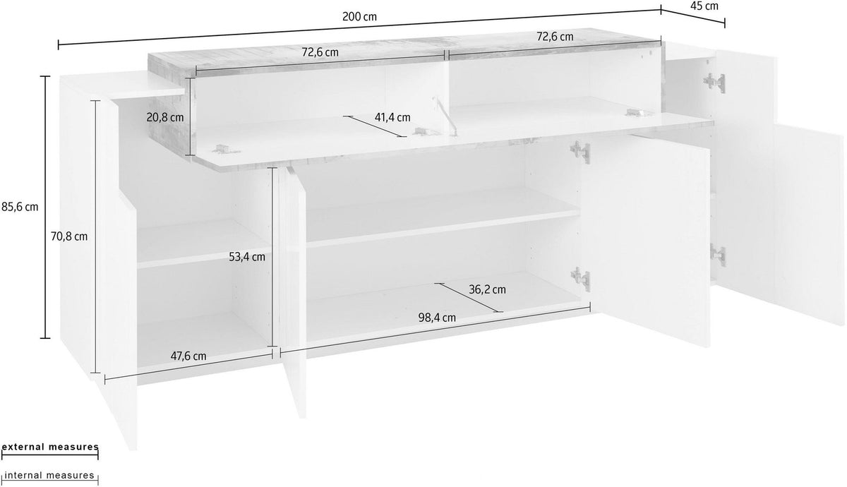 Misure della credenza CELESTIA bianco lucido con ante aperte e quote in centimetri su fondo bianco #colore_Bianco Lucido