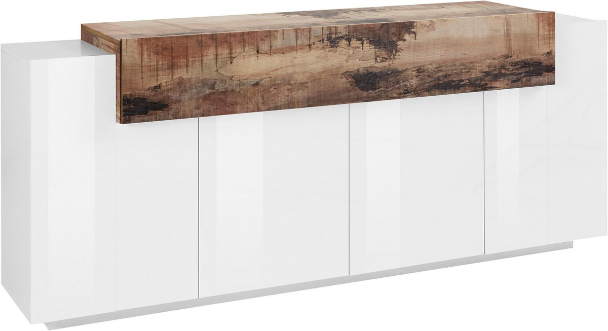 Credenza CELESTIA bianco lucido su fondo bianco, vista tre quarti della fascia in legno sul top #colore_Bianco Lucido