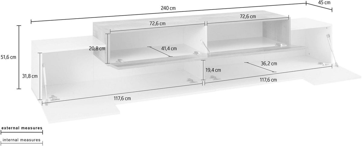 Disegno tecnico del porta TV CELESTIA bianco lucido con misure di larghezza, profondità e altezza #colore_Bianco Lucido/Acero Pereira