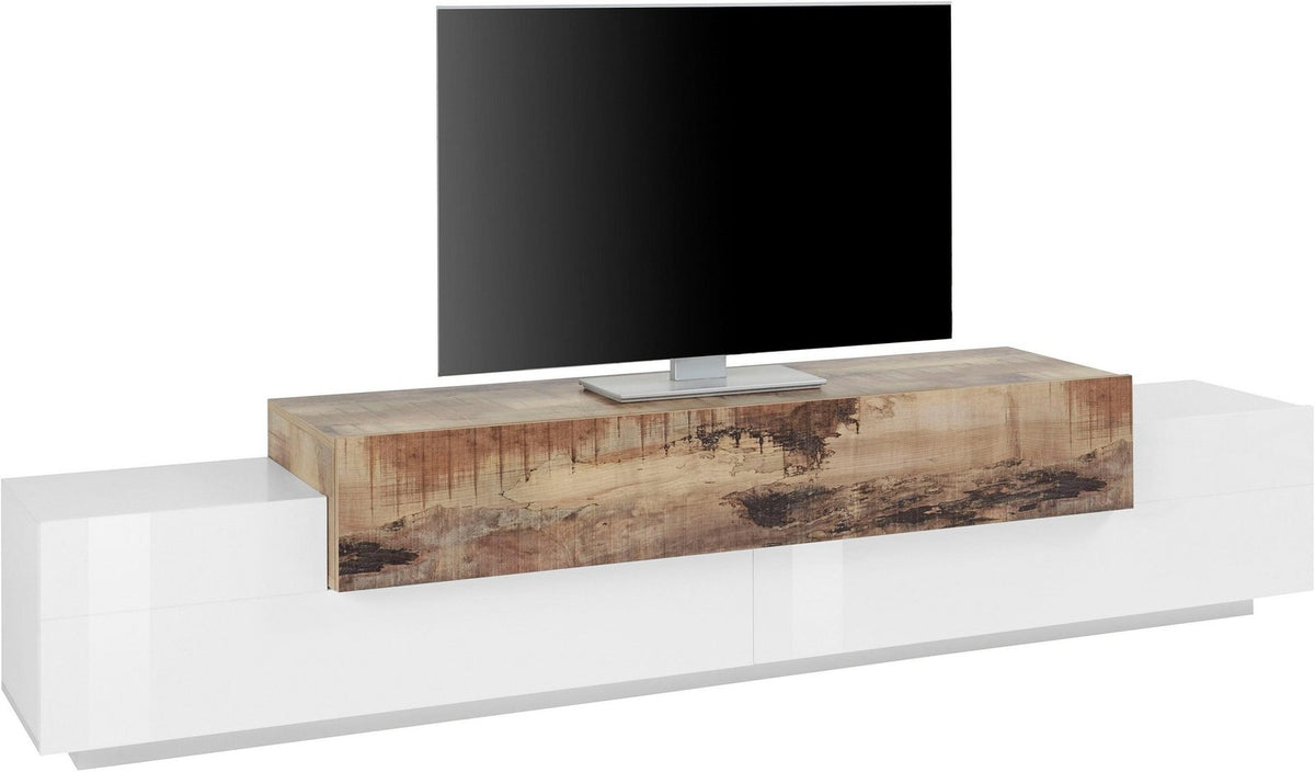 Porta TV CELESTIA bianco lucido con ripiano superiore in legno venato, vista frontale su sfondo bianco #colore_Bianco Lucido/Acero Pereira