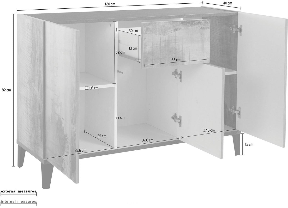 Misure della credenza ARTEMIS bianco opaco con tre ante aperte e ripiani interni