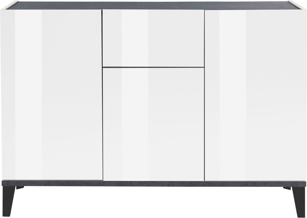 Credenza ARTEMIS bianco opaco vista frontale con tre ante senza maniglie e piedini grigi