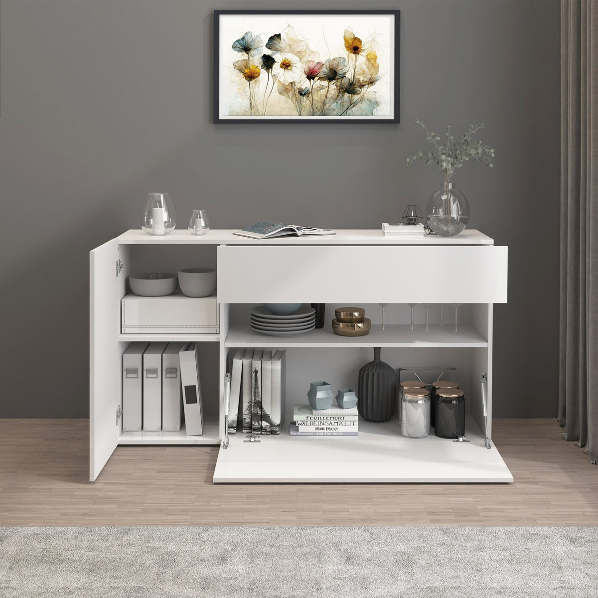 CREDENZA bianco opaco frontale con anta a ribalta abbassata e vani interni con barattoli e libri