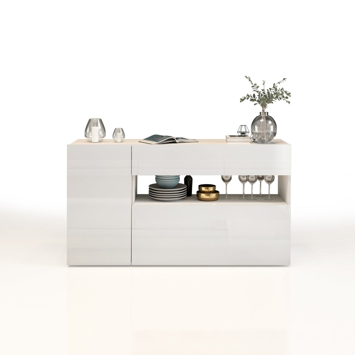 CREDENZA bianco opaco su fondo bianco, vista frontale dei tre moduli con cassetti e ante