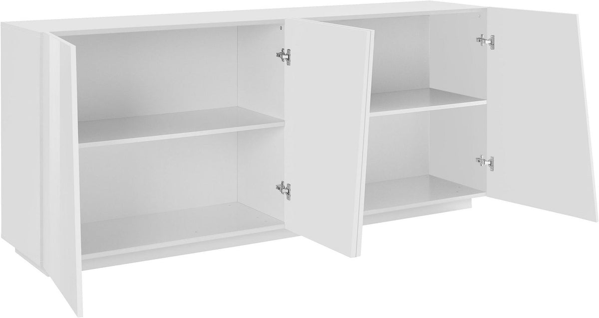 Credenza GALAXIA bianco lucido con ante aperte che mostrano i ripiani interni #colore_Bianco Lucido