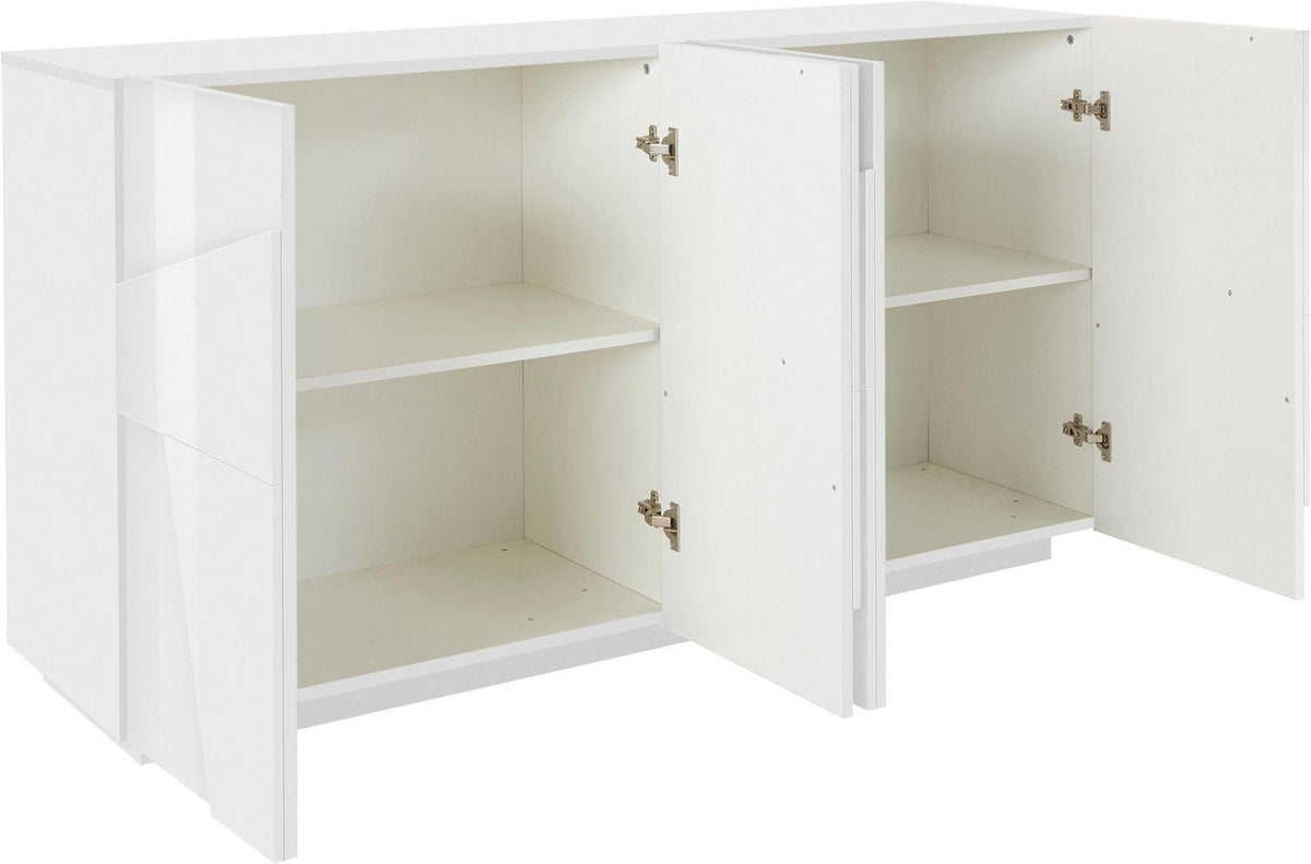 Credenza PULSE bianco lucido con ante aperte che mostra vani e ripiani interni #colore_Bianco Lucido