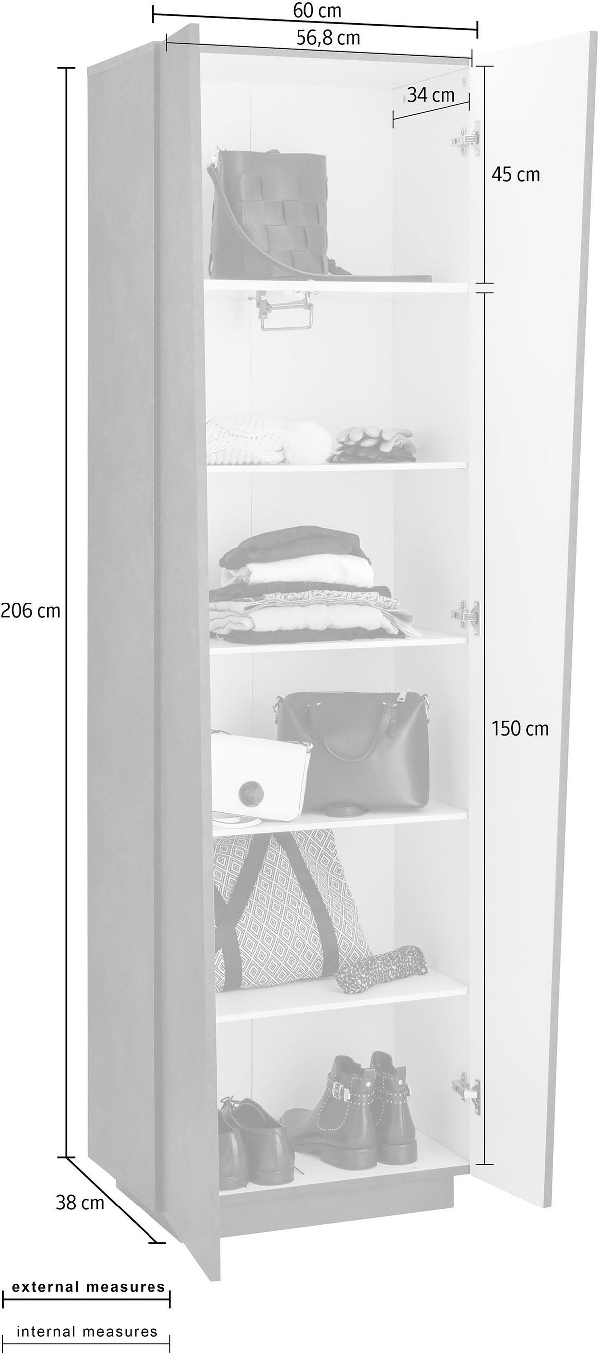 Misure dell'armadio VEGA bianco lucido: 60 cm di larghezza, 206 cm di altezza