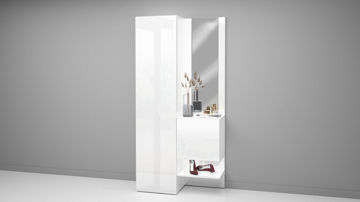 Mobile ingresso PHOENIX bianco lucido con specchio e ripiani decorati, vista tre quarti