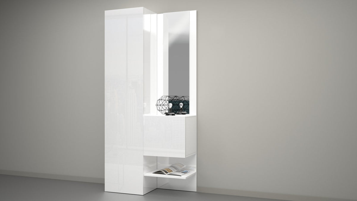 Scarpiera PHOENIX bianco lucido con specchio sopra e ripiano aperto in studio