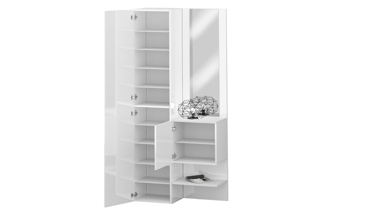 Scarpiera PHOENIX bianco lucido su sfondo bianco con anta aperta e specchio