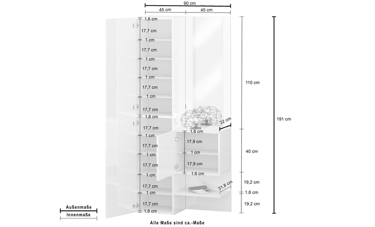 Misure della scarpiera PHOENIX bianco lucido: 90 cm di larghezza e 191 cm di altezza