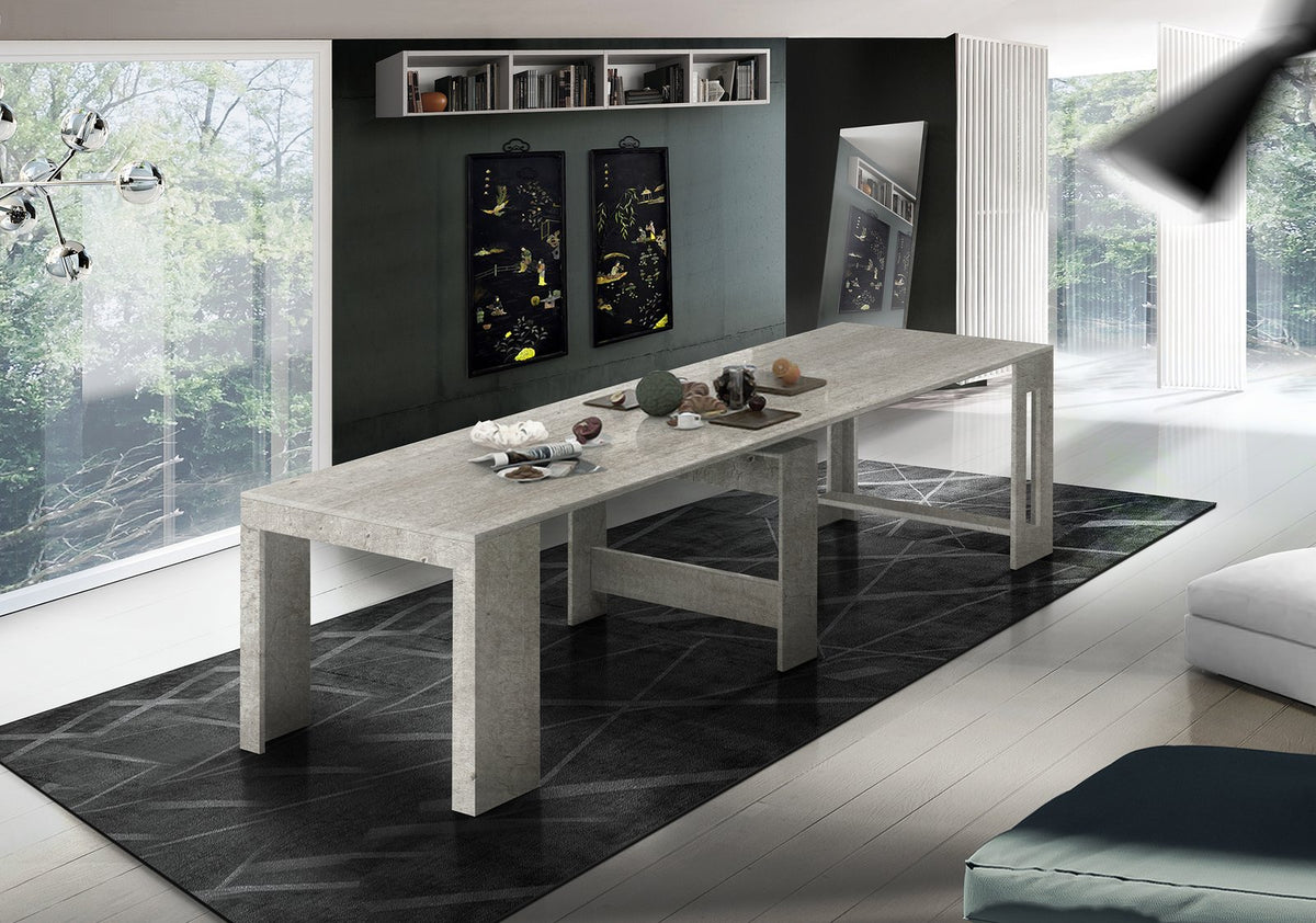 Consolle ORION cemento allungata in living, con oggetti decorativi e tappeto nero a motivi grafici #colore_Cemento