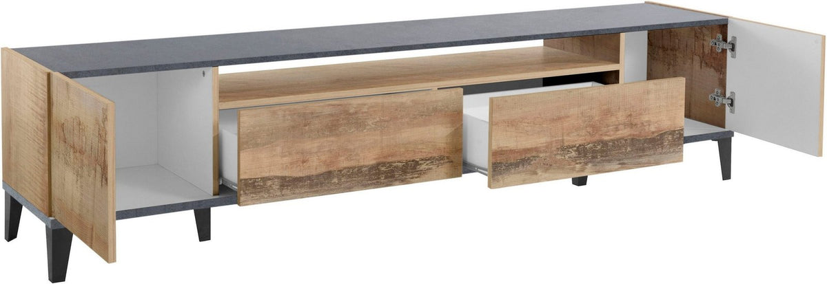 Porta TV ARTEMIS effetto legno con ante spalancate, cassetti semiaperti e gambe nere