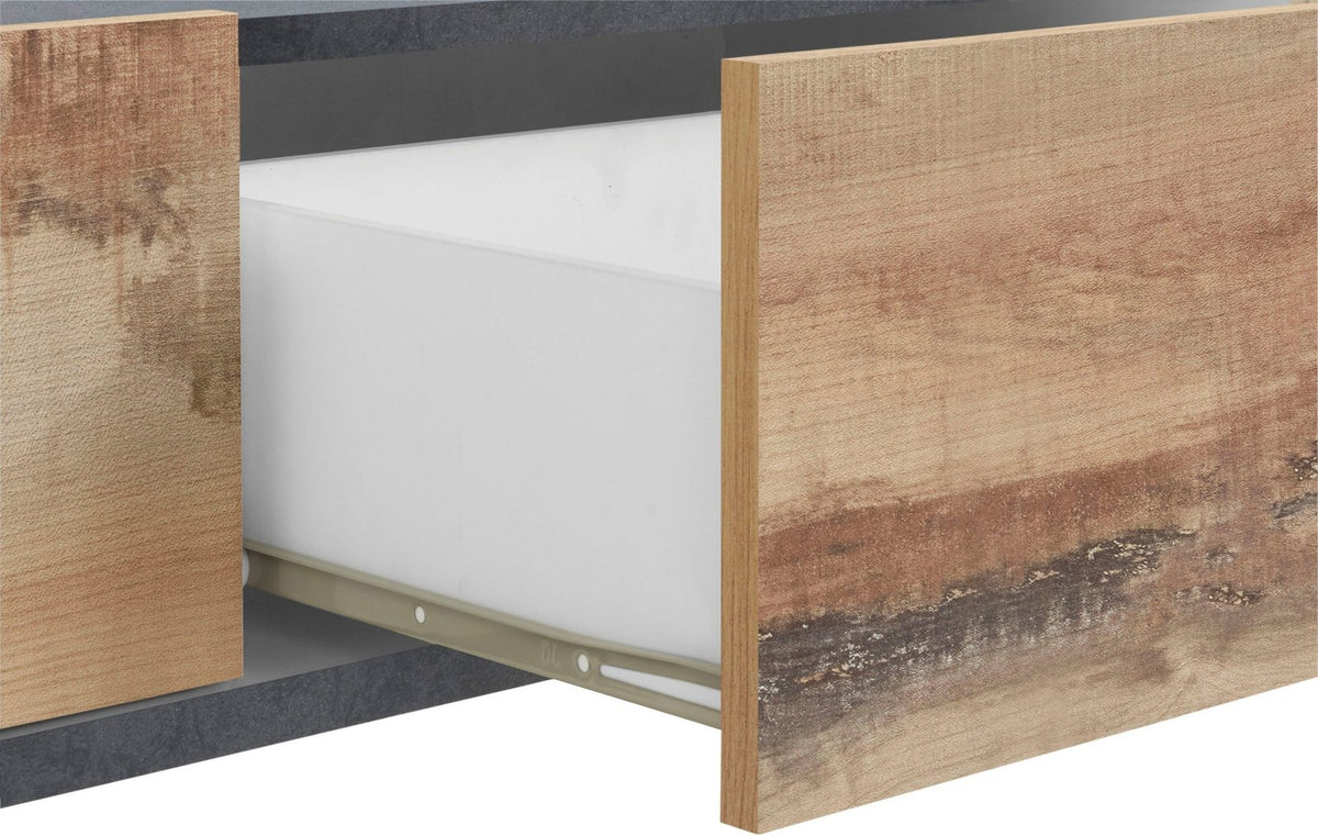 Dettaglio del porta TV ARTEMIS effetto legno con cassetto bianco semiaperto e guide dorate