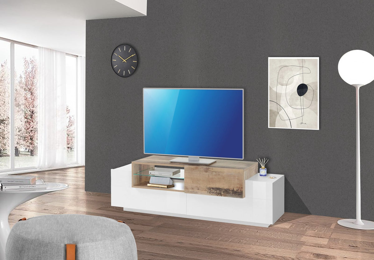 Porta TV ZENITH bianco lucido in soggiorno con modulo centrale effetto legno e ripiano in vetro #colore_Bianco Lucido