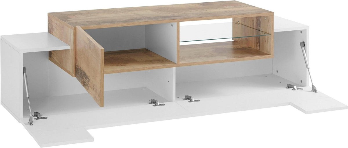 Porta TV ZENITH bianco lucido a due livelli con ribalte orizzontali e modulo superiore in rovere #colore_Bianco Lucido
