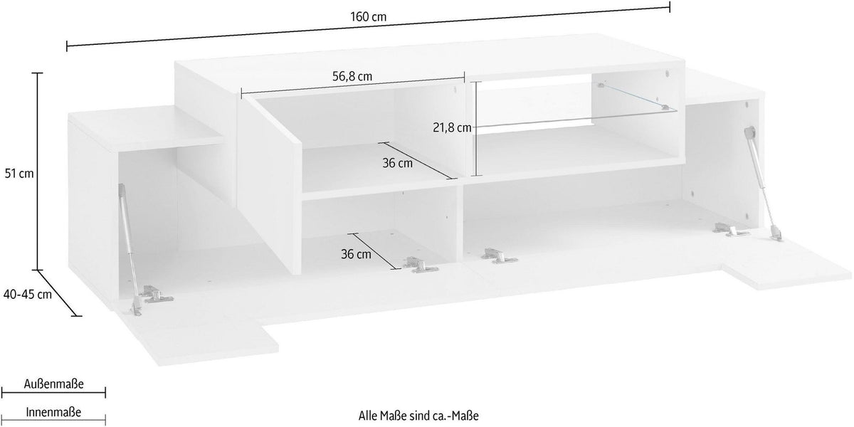 Misure del porta TV ZENITH bianco lucido: 160 cm di larghezza, 51 di altezza #colore_Bianco Lucido