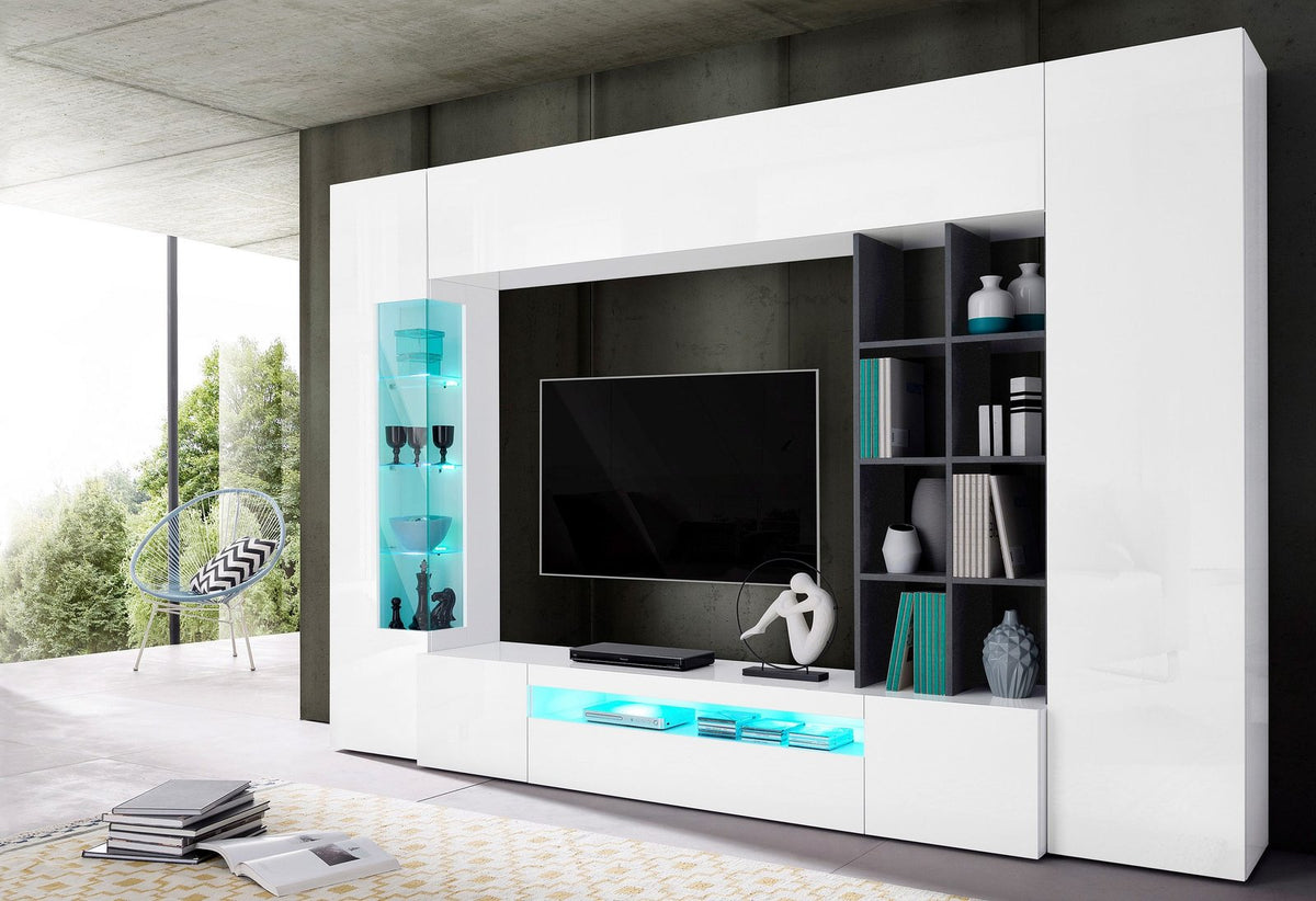 Parete attrezzata STELLAR bianco lucido in soggiorno moderno con vetrina illuminata di azzurro #colore_Bianco Lucido/Antracite Opaco