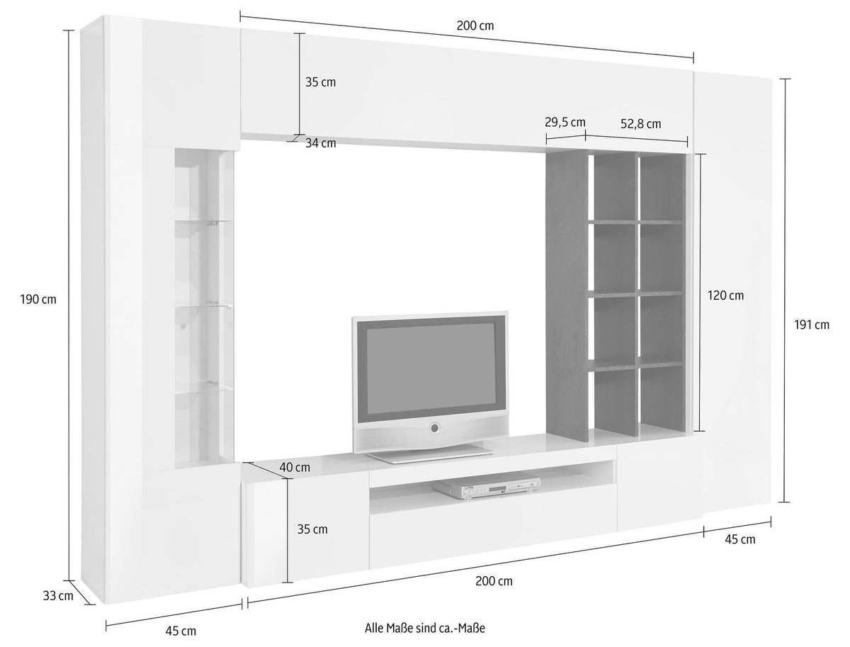 Misure della parete attrezzata STELLAR bianco lucido: altezza 191 cm, larghezza 200 cm, profondità 33 cm #colore_Bianco Lucido/Antracite Opaco