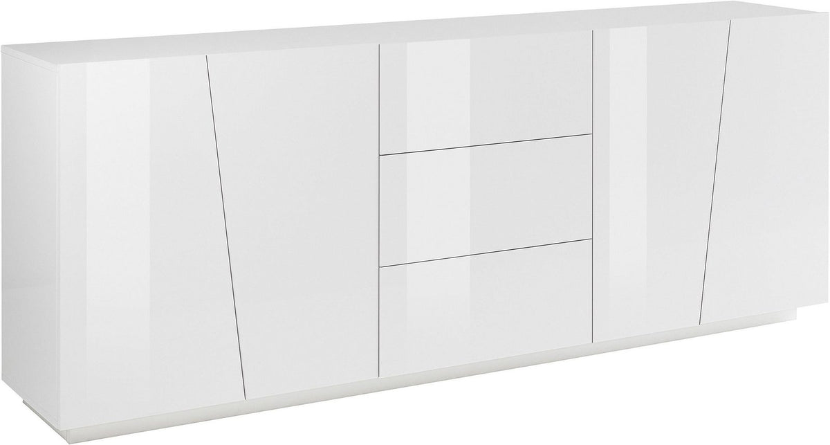 Credenza GALAXIA bianco lucido su fondo bianco, vista in tre quarti con ante senza maniglie #colore_Bianco Lucido