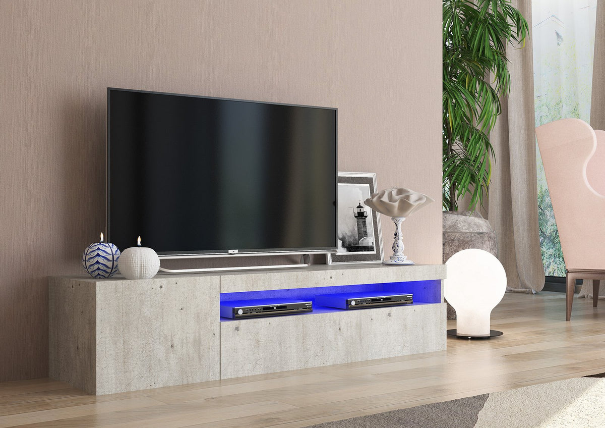 Porta TV FUSION cemento in soggiorno con vano illuminato da LED blu e lettori #colore_Cemento