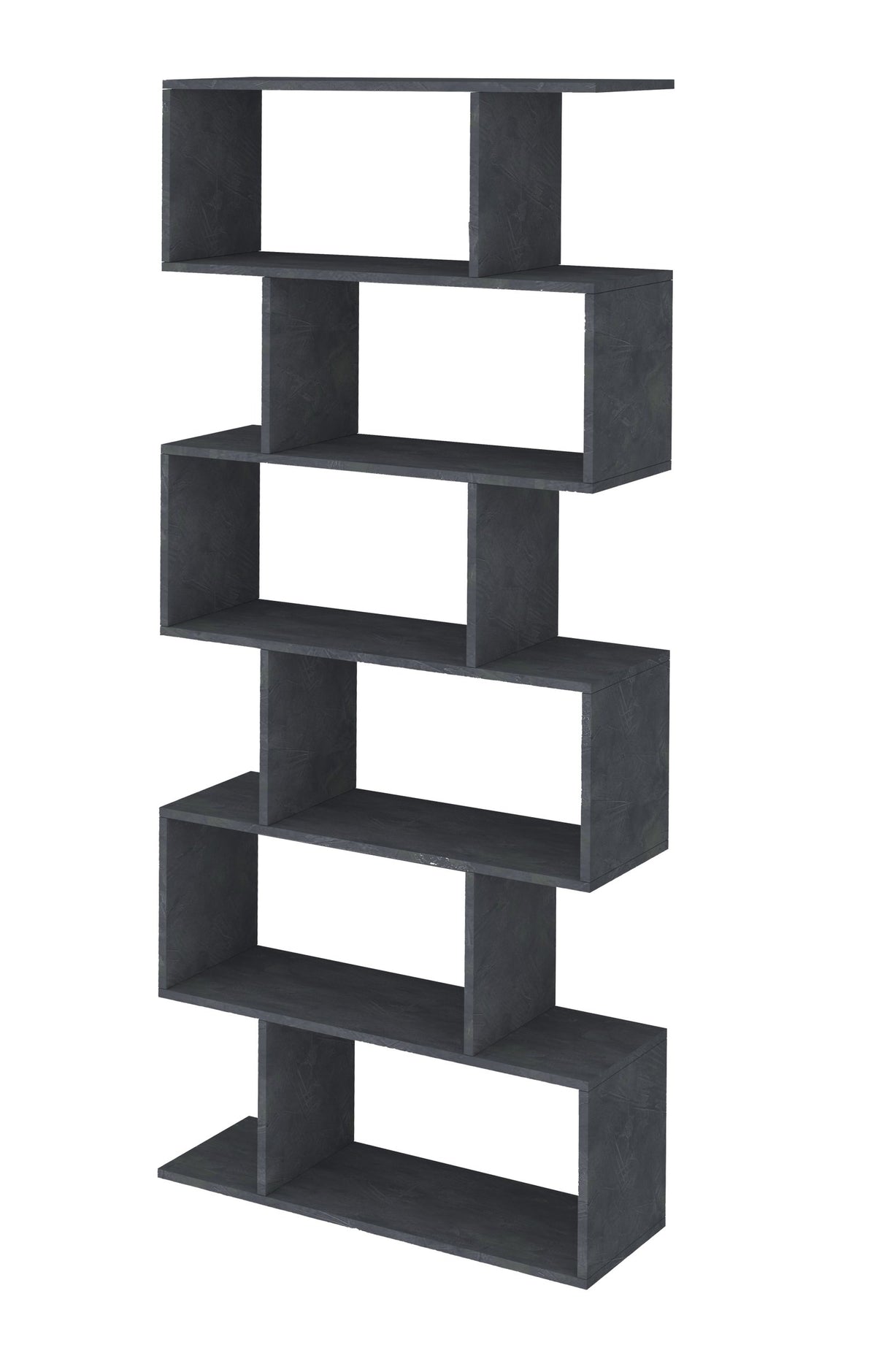 Libreria ODYSSEY bianco opaco ripresa di tre quarti, con sei ripiani sfalsati a zig-zag #colore_Ardesia