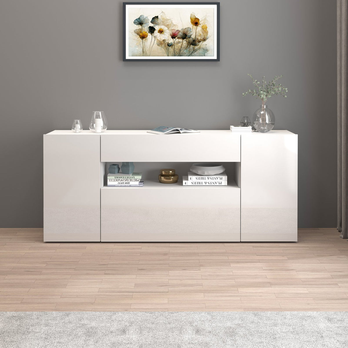 Credenza CAMPO bianco lucido frontale con vano a giorno e cassetto centrale, ambientata