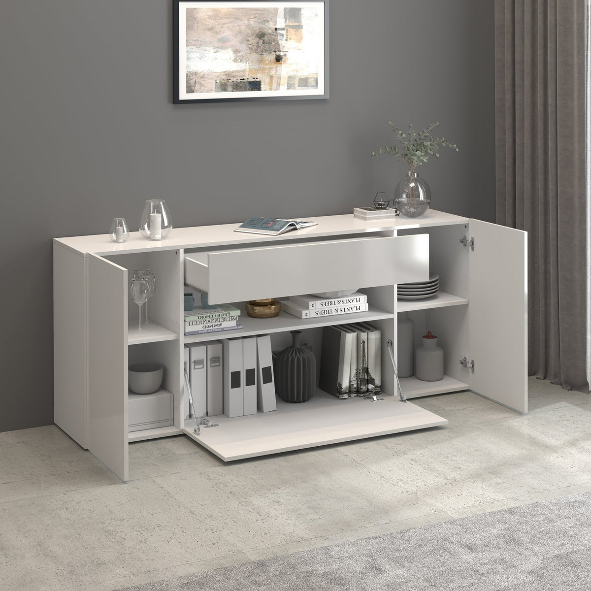 Credenza CAMPO bianco lucido con ante e cassetto aperti, mostra i vani interni