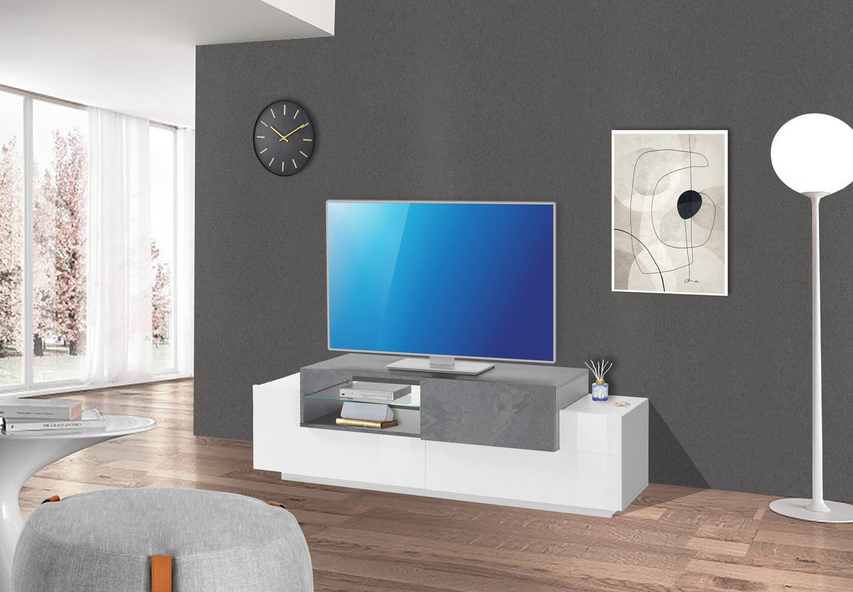 Porta TV ZENITH bianco opaco in ambiente domestico con ribalta grigia usata come piano d'appoggio #colore_Bianco e Ardesia