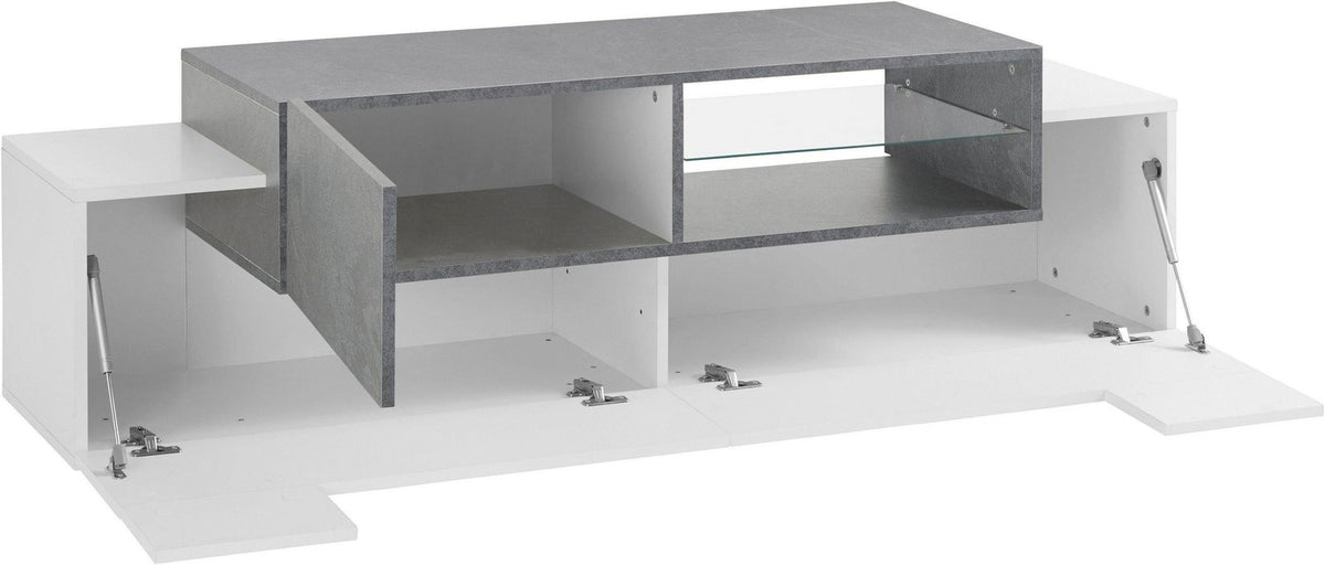 Porta TV ZENITH bianco opaco con ante battenti e ribalta centrale sollevate, interno grigio effetto pietra #colore_Bianco e Ardesia